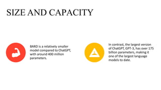 SIZE AND CAPACITY
BARD is a relatively smaller
model compared to ChatGPT,
with around 400 million
parameters.
In contrast, the largest version
of ChatGPT, GPT-3, has over 175
billion parameters, making it
one of the largest language
models to date.
 