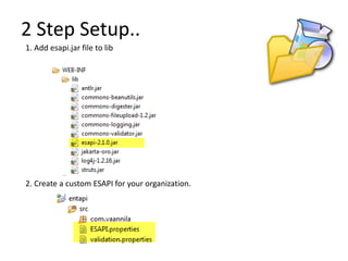 1. Add esapi.jar file to lib
2. Create a custom ESAPI for your organization.
2 Step Setup..
 