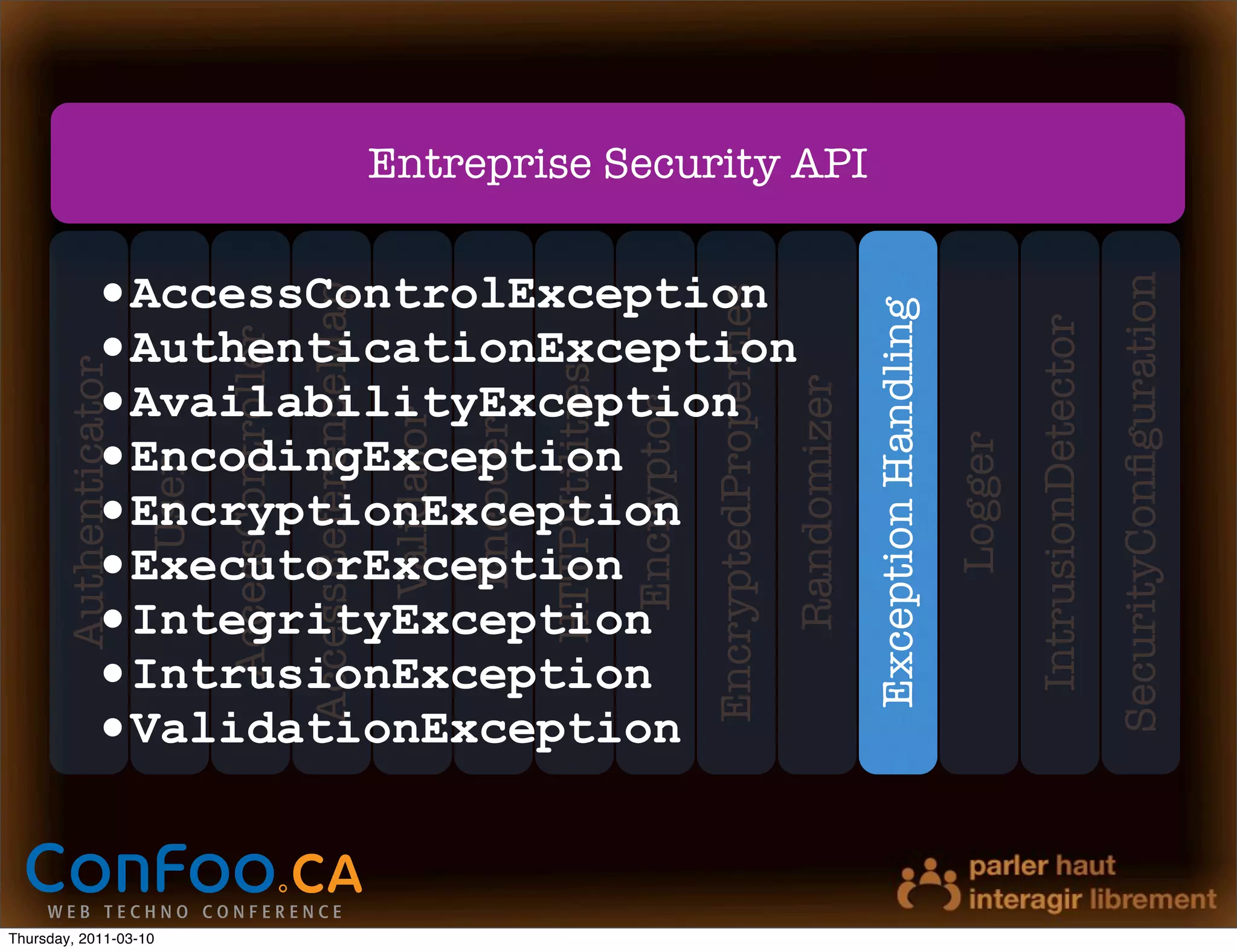 Entreprise Security API


               •AccessControlException




                                                                                                                                                                                                             SecurityConﬁguration
                                                 AccessReferenceMap




                                                                                                                        EncryptedProperties


                                                                                                                                                           Exception Handling


                                                                                                                                                                                         IntrusionDetector
               •AuthenticationException
                              AccessController
       Authenticator




                                                                                            HTTPUtilities
               •AvailabilityException




                                                                                                                                              Randomizer
                                                                                                            Encryptor
                                                                      Validator
                                                                                  Encoder
               •EncodingException




                                                                                                                                                                                Logger
                       User




               •EncryptionException
               •ExecutorException
               •IntegrityException
               •IntrusionException
               •ValidationException


Thursday, 2011-03-10
 