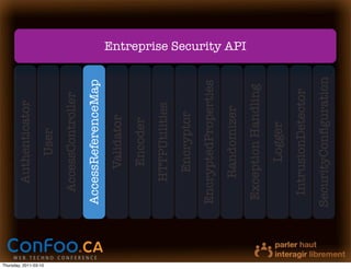 Authenticator




Thursday, 2011-03-10
                              User
                         AccessController
                       AccessReferenceMap
                            Validator
                             Encoder
                          HTTPUtilities
                            Encryptor
                       EncryptedProperties
                           Randomizer
                                              Entreprise Security API




                        Exception Handling
                             Logger
                        IntrusionDetector
                       SecurityConﬁguration
 