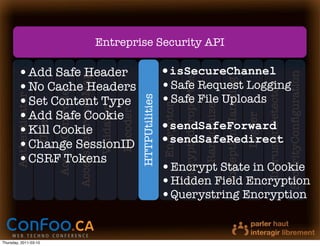 Entreprise Security API

        •Add Safe Header                                                                                    •isSecureChannel




                                                                                                                                                                                                             SecurityConﬁguration
                                                 AccessReferenceMap




                                                                                                                        EncryptedProperties
                                                                                                            •Safe Request Logging




                                                                                                                                                           Exception Handling
        •No Cache Headers




                                                                                                                                                                                         IntrusionDetector
                              AccessController


        •Set Content Type                                                                                   •Safe File Uploads
       Authenticator




                                                                                            HTTPUtilities




                                                                                                                                              Randomizer
                                                                                                            Encryptor
                                                                      Validator
        •Add Safe Cookie
                                                                                  Encoder




                                                                                                                                                                                Logger
                       User




        •Kill Cookie                                                                                        •sendSafeForward
        •Change SessionID                                                                                   •sendSafeRedirect
        •CSRF Tokens
                                                                                                            •Encrypt State in Cookie
                                                                                                            •Hidden Field Encryption
                                                                                                            •Querystring Encryption


Thursday, 2011-03-10
 