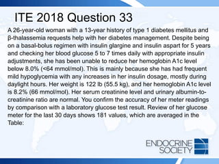 ITE 2018 Question 33
A 26-year-old woman with a 13-year history of type 1 diabetes mellitus and
β-thalassemia requests help with her diabetes management. Despite being
on a basal-bolus regimen with insulin glargine and insulin aspart for 5 years
and checking her blood glucose 5 to 7 times daily with appropriate insulin
adjustments, she has been unable to reduce her hemoglobin A1c level
below 8.0% (<64 mmol/mol). This is mainly because she has had frequent
mild hypoglycemia with any increases in her insulin dosage, mostly during
daylight hours. Her weight is 122 lb (55.5 kg), and her hemoglobin A1c level
is 8.2% (66 mmol/mol). Her serum creatinine level and urinary albumin-to-
creatinine ratio are normal. You confirm the accuracy of her meter readings
by comparison with a laboratory glucose test result. Review of her glucose
meter for the last 30 days shows 181 values, which are averaged in the
Table:
 