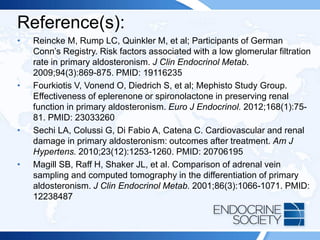 Reference(s):
• Reincke M, Rump LC, Quinkler M, et al; Participants of German
Conn’s Registry. Risk factors associated with a low glomerular filtration
rate in primary aldosteronism. J Clin Endocrinol Metab.
2009;94(3):869-875. PMID: 19116235
• Fourkiotis V, Vonend O, Diedrich S, et al; Mephisto Study Group.
Effectiveness of eplerenone or spironolactone in preserving renal
function in primary aldosteronism. Euro J Endocrinol. 2012;168(1):75-
81. PMID: 23033260
• Sechi LA, Colussi G, Di Fabio A, Catena C. Cardiovascular and renal
damage in primary aldosteronism: outcomes after treatment. Am J
Hypertens. 2010;23(12):1253-1260. PMID: 20706195
• Magill SB, Raff H, Shaker JL, et al. Comparison of adrenal vein
sampling and computed tomography in the differentiation of primary
aldosteronism. J Clin Endocrinol Metab. 2001;86(3):1066-1071. PMID:
12238487
 