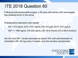 ITE 2018 Question 60
Following transsphenoidal surgery, a 56-year-old woman with acromegaly
has residual tumor in the clivus.
Postoperative laboratory test results:
• GH = 9.0 ng/mL (0.01-3.61 ng/mL) (SI: 9.0 µg/L [0.01-3.61 µg/L])
• IGF-1 = 490 ng/mL (78-220 ng/mL) (SI: 64.2 nmol/L [10.2-28.8 nmol/L])
Her GH and IGF-1 levels decrease by about 10% with administration of
octreotide LAR, 30 mg every 4 weeks, and she remains symptomatic.
 