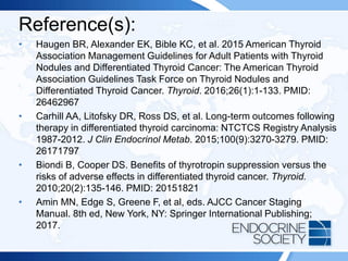 Reference(s):
• Haugen BR, Alexander EK, Bible KC, et al. 2015 American Thyroid
Association Management Guidelines for Adult Patients with Thyroid
Nodules and Differentiated Thyroid Cancer: The American Thyroid
Association Guidelines Task Force on Thyroid Nodules and
Differentiated Thyroid Cancer. Thyroid. 2016;26(1):1-133. PMID:
26462967
• Carhill AA, Litofsky DR, Ross DS, et al. Long-term outcomes following
therapy in differentiated thyroid carcinoma: NTCTCS Registry Analysis
1987-2012. J Clin Endocrinol Metab. 2015;100(9):3270-3279. PMID:
26171797
• Biondi B, Cooper DS. Benefits of thyrotropin suppression versus the
risks of adverse effects in differentiated thyroid cancer. Thyroid.
2010;20(2):135-146. PMID: 20151821
• Amin MN, Edge S, Greene F, et al, eds. AJCC Cancer Staging
Manual. 8th ed, New York, NY: Springer International Publishing;
2017.
 