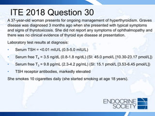 ITE 2018 Question 30
A 37-year-old woman presents for ongoing management of hyperthyroidism. Graves
disease was diagnosed 3 months ago when she presented with typical symptoms
and signs of thyrotoxicosis. She did not report any symptoms of ophthalmopathy and
there was no clinical evidence of thyroid eye disease at presentation.
Laboratory test results at diagnosis:
• Serum TSH = <0.01 mIU/L (0.5-5.0 mIU/L)
• Serum free T4 = 3.5 ng/dL (0.8-1.8 ng/dL) (SI: 45.0 pmol/L [10.30-23.17 pmol/L])
• Serum free T3 = 9.8 pg/mL (2.3-4.2 pg/mL) (SI: 15.1 pmol/L [3.53-6.45 pmol/L])
• TSH receptor antibodies, markedly elevated
She smokes 10 cigarettes daily (she started smoking at age 18 years).
 