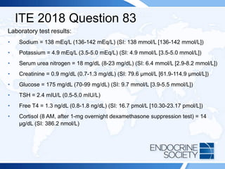 ITE 2018 Question 83
Laboratory test results:
• Sodium = 138 mEq/L (136-142 mEq/L) (SI: 138 mmol/L [136-142 mmol/L])
• Potassium = 4.9 mEq/L (3.5-5.0 mEq/L) (SI: 4.9 mmol/L [3.5-5.0 mmol/L])
• Serum urea nitrogen = 18 mg/dL (8-23 mg/dL) (SI: 6.4 mmol/L [2.9-8.2 mmol/L])
• Creatinine = 0.9 mg/dL (0.7-1.3 mg/dL) (SI: 79.6 μmol/L [61.9-114.9 μmol/L])
• Glucose = 175 mg/dL (70-99 mg/dL) (SI: 9.7 mmol/L [3.9-5.5 mmol/L])
• TSH = 2.4 mIU/L (0.5-5.0 mIU/L)
• Free T4 = 1.3 ng/dL (0.8-1.8 ng/dL) (SI: 16.7 pmol/L [10.30-23.17 pmol/L])
• Cortisol (8 AM, after 1-mg overnight dexamethasone suppression test) = 14
μg/dL (SI: 386.2 nmol/L)
 