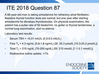 ITE 2018 Question 87
A 66-year-old man is taking amiodarone for refractory atrial fibrillation.
Baseline thyroid function tests are normal, but one year after starting
amiodarone he develops thyrotoxicosis. On physical examination, the
patient has a pulse rate of 92 beats/min, no goiter or thyroid tenderness, a
normal lung examination, and no edema.
Laboratory test results:
• Serum TSH = <0.01 mIU/L (0.5-5.0 mIU/L)
• Free T4 = 4.3 ng/mL (0.8-1.8 ng/mL) (SI: 55.3 pmol/L [10.3-23.2 pmol/L])
• Total T3 = 215 ng/dL (70-200 ng/dL) (SI: 215 nmol/L [1.1-3.1 nmol/L])
• Radioactive iodine uptake, <1%
 