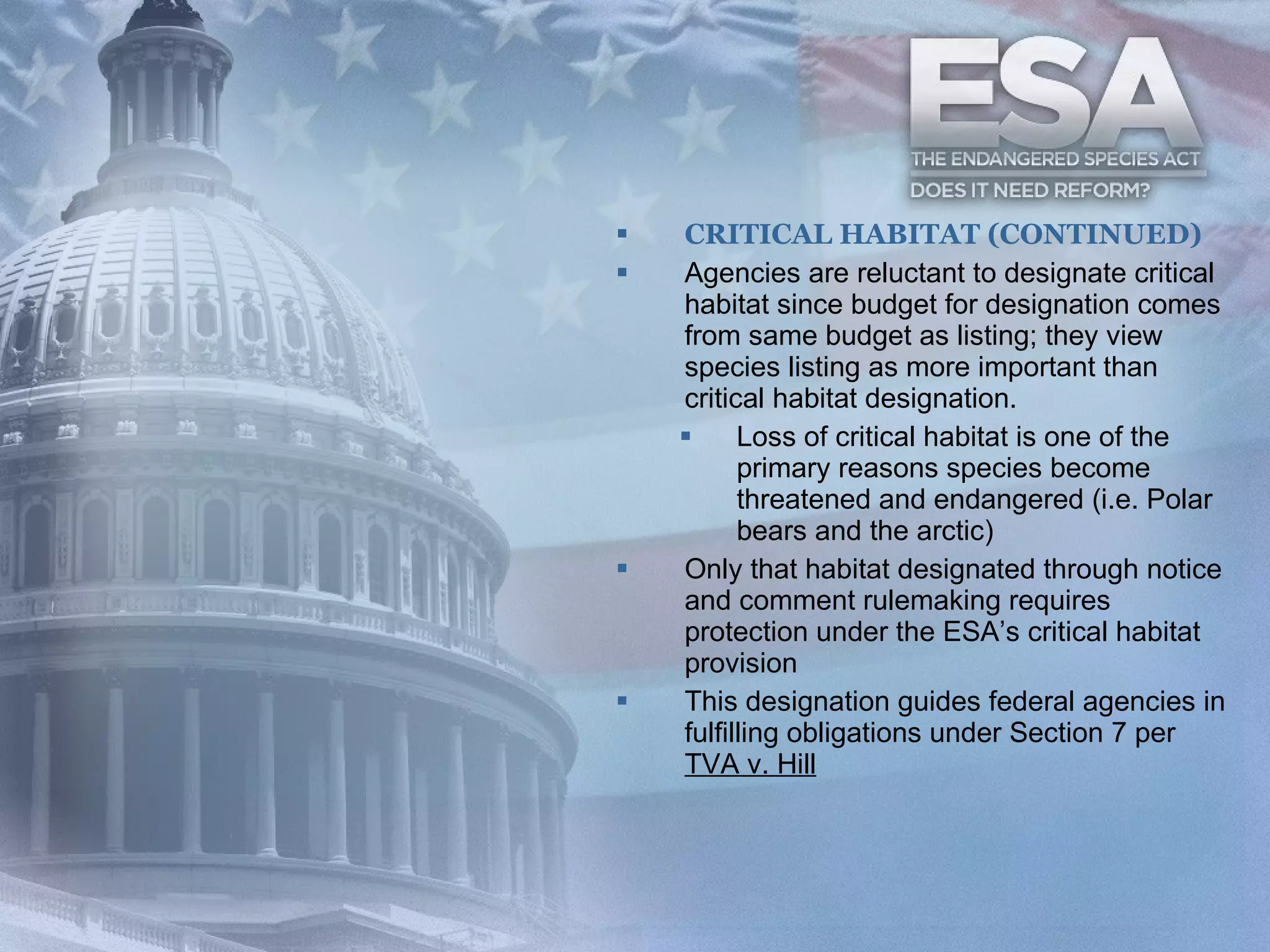 CRITICAL HABITAT (CONTINUED) Agencies are reluctant to designate critical habitat since budget for designation comes from same budget as listing; they view species listing as more important than critical habitat designation. Loss of critical habitat is one of the primary reasons species become threatened and endangered (i.e. Polar bears and the arctic) Only that habitat designated through notice and comment rulemaking requires protection under the ESA’s critical habitat provision This designation guides federal agencies in fulfilling obligations under Section 7 per  TVA v. Hill 