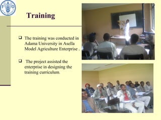 Training
 The training was conducted in
Adama University in Asella
Model Agriculture Enterprise .
 The project assisted the
enterprise in designing the
training curriculum.
 