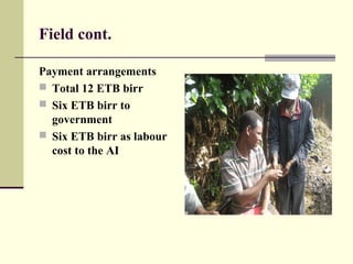 Field cont.
Payment arrangements
 Total 12 ETB birr
 Six ETB birr to
government
 Six ETB birr as labour
cost to the AI
 