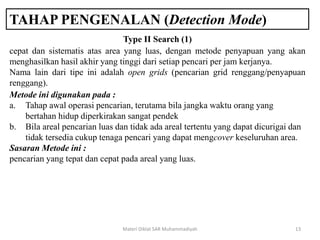 TAHAP PENGENALAN (Detection Mode)
Materi Diklat SAR Muhammadiyah 13
cepat dan sistematis atas area yang luas, dengan metode penyapuan yang akan
menghasilkan hasil akhir yang tinggi dari setiap pencari per jam kerjanya.
Nama lain dari tipe ini adalah open grids (pencarian grid renggang/penyapuan
renggang).
Metode ini digunakan pada :
a. Tahap awal operasi pencarian, terutama bila jangka waktu orang yang
bertahan hidup diperkirakan sangat pendek
b. Bila areal pencarian luas dan tidak ada areal tertentu yang dapat dicurigai dan
tidak tersedia cukup tenaga pencari yang dapat mengcover keseluruhan area.
Sasaran Metode ini :
pencarian yang tepat dan cepat pada areal yang luas.
Type II Search (1)
 