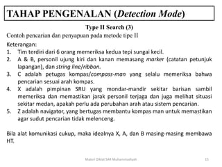 TAHAP PENGENALAN (Detection Mode)
Materi Diklat SAR Muhammadiyah 15
Contoh pencarian dan penyapuan pada metode tipe II
Type II Search (3)
Keterangan:
1. Tim terdiri dari 6 orang memeriksa kedua tepi sungai kecil.
2. A & B, personil ujung kiri dan kanan memasang marker (catatan petunjuk
lapangan), dan string line/ribbon.
3. C adalah petugas kompas/compass-man yang selalu memeriksa bahwa
pencarian sesuai arah kompas.
4. X adalah pimpinan SRU yang mondar-mandir sekitar barisan sambil
memeriksa dan memastikan jarak personil terjaga dan juga melihat situasi
sekitar medan, apakah perlu ada perubahan arah atau sistem pencarian.
5. Z adalah navigator, yang bertugas membantu kompas man untuk memastikan
agar sudut pencarian tidak melenceng.
Bila alat komunikasi cukup, maka idealnya X, A, dan B masing-masing membawa
HT.
 