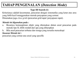 TAHAP PENGENALAN (Detection Mode)
Materi Diklat SAR Muhammadiyah 16
Kriterianya adalah kecermatan, pencarian dengan sistematika yang ketat atas area
yang lebih kecil menggunakan metode penyapuan yang cermat.
Dinamakan juga close grids (pencarian grid rapat/ penyapuan rapat).
Metode ini digunakan pada :
a. Besarnya kemungkinan objek yang ditemukan dalam areal pencarian pada
metode tipe II, lebih rendah dari apa yang diharapkan
b. Bila areal pencarian terbatas dan tenaga yang tersedia mencukupi
Sasaran Metode ini :
pencarian yang cermat atas areal yang spesifik
Type III Search (1)
 