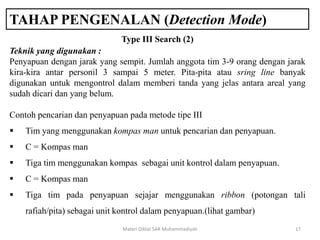 TAHAP PENGENALAN (Detection Mode)
Materi Diklat SAR Muhammadiyah 17
Teknik yang digunakan :
Penyapuan dengan jarak yang sempit. Jumlah anggota tim 3-9 orang dengan jarak
kira-kira antar personil 3 sampai 5 meter. Pita-pita atau sring line banyak
digunakan untuk mengontrol dalam memberi tanda yang jelas antara areal yang
sudah dicari dan yang belum.
Contoh pencarian dan penyapuan pada metode tipe III
Type III Search (2)
 Tim yang menggunakan kompas man untuk pencarian dan penyapuan.
 C = Kompas man
 Tiga tim menggunakan kompas sebagai unit kontrol dalam penyapuan.
 C = Kompas man
 Tiga tim pada penyapuan sejajar menggunakan ribbon (potongan tali
rafiah/pita) sebagai unit kontrol dalam penyapuan.(lihat gambar)
 