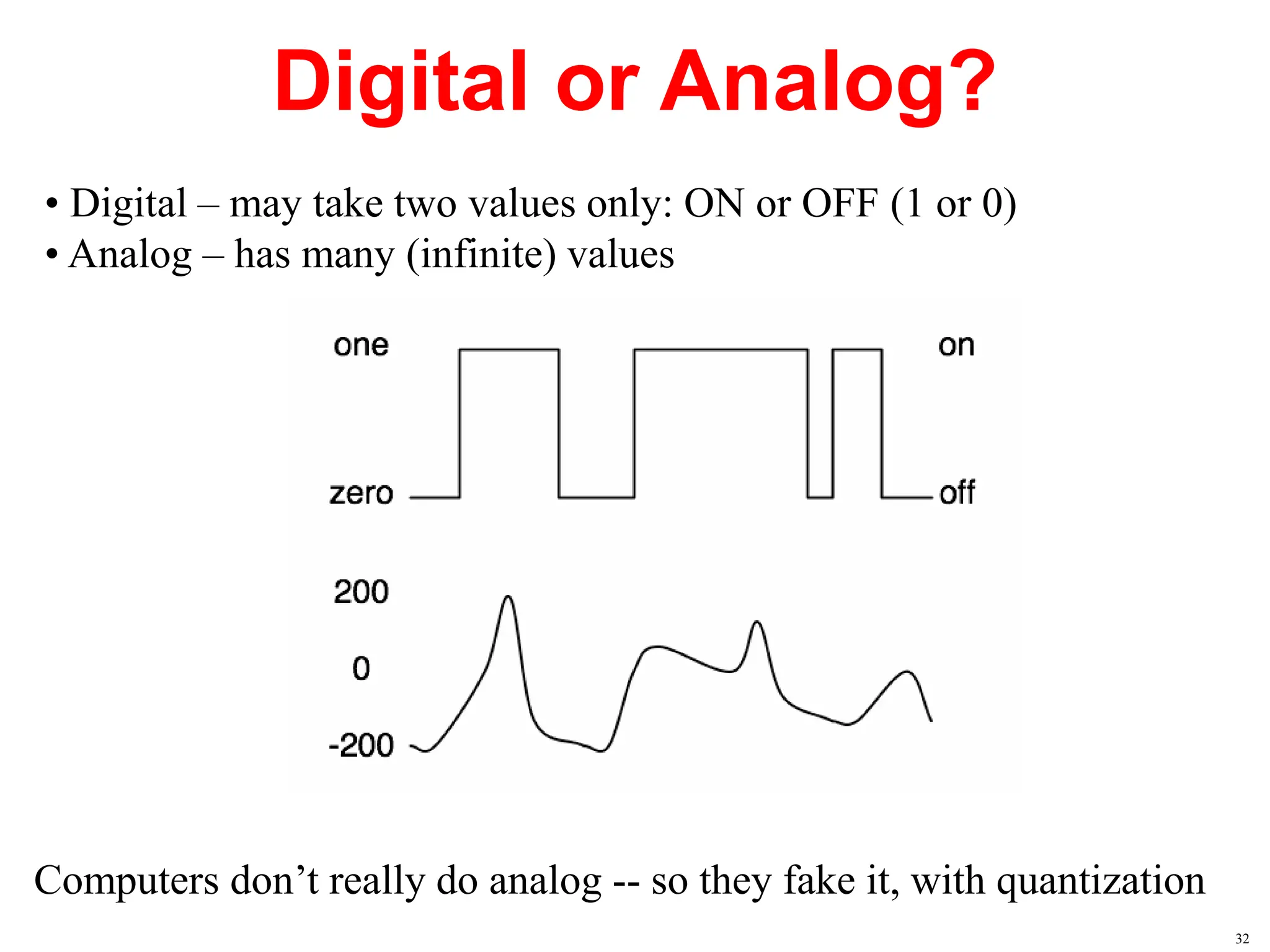 Digital or Analog?
• Digital – may take two values only: ON or OFF (1 or 0)
• Analog – has many (infinite) values
Computers don’t really do analog -- so they fake it, with quantization
32
 