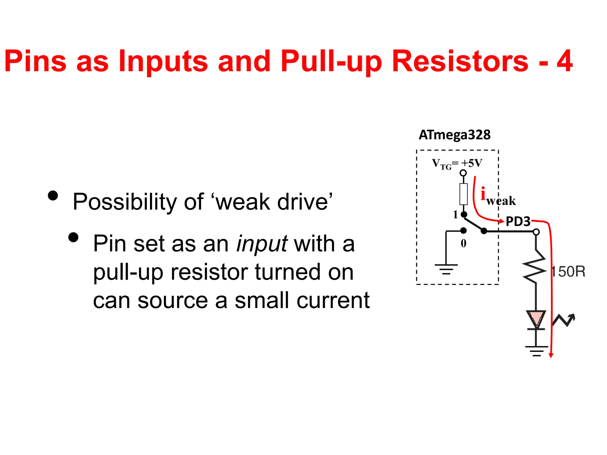 Pins as Inputs and Pull-up Resistors - 4
• Possibility of ‘weak drive’
• Pin set as an input with a
pull-up resistor turned on
can source a small current
ATmega328
PD3
VTG= +5V
0
1
iweak
 
