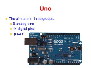The document proceeds to explain the main components of an Arduino Uno ...