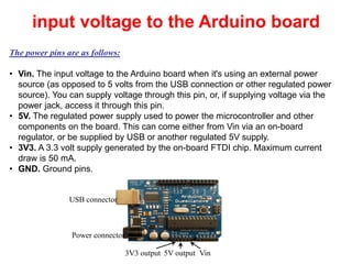 The document proceeds to explain the main components of an Arduino Uno ...