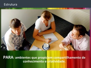 Estrutura




PARA: ambientes que propiciem compartilhamento de
            conhecimento e criatividade.
 