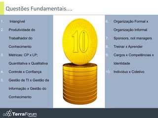 Questões Fundamentais....
1.    Intangível                   6.   Organização Formal x

2.    Produtividade do                  Organização Informal

      Trabalhador do               7.   Sponsors, not managers

      Conhecimento                 8.   Treinar x Aprender

3.    Métricas: CP x LP;           9.   Cargos x Competências x

      Quantitativa x Qualitativa        Identidade

4.    Controle x Confiança         10. Indivíduo x Coletivo

5.    Gestão de TI x Gestão da

      Informação x Gestão do

      Conhecimento
 