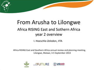 From Arusha to Lilongwe
Africa RISING East and Southern
Africa year 2 overview
I. Hoeschle-Zeledon, IITA
Africa RISING East and Southern Africa annual review and planning meeting,
Lilongwe, Malawi, 3-5 September 2013
 
