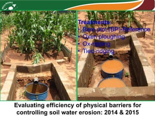 Evaluating efficiency of physical barriers for
controlling soil water erosion: 2014 & 2015
Treatments:
• Bare plot (BP)-Reference
• Oxen ploughing
• Ox-ripping
• Tied-ridging
 