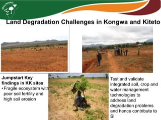 Land Degradation Challenges in Kongwa and Kiteto
Test and validate
integrated soil, crop and
water management
technologies to
address land
degradation problems
and hence contribute to
SI
Jumpstart Key
findings in KK sites:
•Fragile ecosystem with
poor soil fertility and
high soil erosion
 