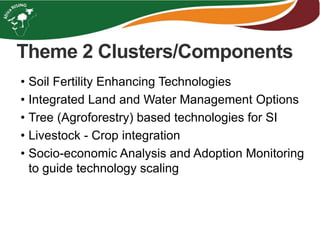 Theme 2 Clusters/Components
• Soil Fertility Enhancing Technologies
• Integrated Land and Water Management Options
• Tree (Agroforestry) based technologies for SI
• Livestock - Crop integration
• Socio-economic Analysis and Adoption Monitoring
to guide technology scaling
 