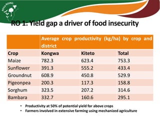 RO 1: Yield gap a driver of food insecurity
Average crop productivity (kg/ha) by crop and
district
Crop Kongwa Kiteto Total
Maize 782.3 623.4 753.3
Sunflower 391.3 555.2 433.4
Groundnut 608.9 450.8 529.9
Pigeonpea 200.3 117.3 158.8
Sorghum 323.5 207.2 314.6
Bambara 332.7 160.6 295.1
• Productivity at 50% of potential yield for above crops
• Farmers involved in extensive farming using mechanized agriculture
 
