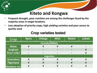 Kiteto and Kongwa
• Frequent drought, poor nutrition are among the challenges faced by the
majority areas in target locations
• Low adoption of priority crops, high yielding varieties and poor access to
quality seed
Crop Njoro Chitego Mlali Moleti Laikala
Cereals/Millets
Maize √ √ √ √ -
Sorghum - - - - √
Pearl millet - - - - √
Legumes
Groundnut √ √ √ √ √
Pigeonpea √ √ √ √ √
Bambara nut √ √ √ √ √
Crop varieties tested
 