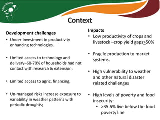 Context
Development challenges
• Under-investment in productivity
enhancing technologies.
• Limited access to technology and
delivery–60-70% of households had not
contact with research & extension;
• Limited access to agric. financing;
• Un-managed risks increase exposure to
variability in weather patterns with
periodic droughts;
Impacts
• Low productivity of crops and
livestock –crop yield gaps>50%
• Fragile production to market
systems.
• High vulnerability to weather
and other natural disaster
related challenges
• High levels of poverty and food
insecurity:
• >35.5% live below the food
poverty line
 