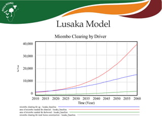 Miombo Clearing by Driver
40,000
30,000
20,000
10,000
0
2010 2015 2020 2025 2030 2035 2040 2045 2050 2055 2060
Time (Year)
ha/Year
miombo clearing for ag : lusaka_baseline
area of miombo needed for charcoal : lusaka_baseline
area of miombo needed for fuelwood : lusaka_baseline
miombo clearing for rural home construction : lusaka_baseline
Lusaka Model
 