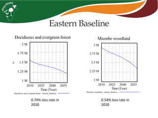 Eastern Baseline
0.74% loss rate in
2010
0.54% loss rate in
2010
Deciduous and evergreen forest
2 M
1.75 M
1.5 M
1.25 M
1 M
2010 2025 2040 2055
Time (Year)
ha
Deciduous and evergreen forest : eastern_baseline
Miombo woodland
3 M
2.75 M
2.5 M
2.25 M
2 M
2010 2025 2040 2055
Time (Year)
Miombo woodland : eastern_baseline
 