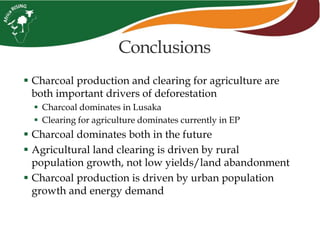  Charcoal production and clearing for agriculture are
both important drivers of deforestation
 Charcoal dominates in Lusaka
 Clearing for agriculture dominates currently in EP
 Charcoal dominates both in the future
 Agricultural land clearing is driven by rural
population growth, not low yields/land abandonment
 Charcoal production is driven by urban population
growth and energy demand
Conclusions
 