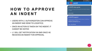 H O W T O A P P R O V E
A N I N D E N T
• USERS WITH L1 AUTHORIZATION CAN APPROVE
AN INDENT AND SEND TO LOGISTICS
• ONCE AN ACTION IS TAKEN ON THE INDENT, IT
CANNOT BE EDITED
• L1 WILL GET NOTIFICATION VIA SMS ONCE HE
RECEIVES AN INDENT FOR APPROVAL
 