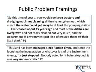 Public Problem Framings
“So this time of year … you would see large tractors and
dredging machines cleaning all the rhyne ...
