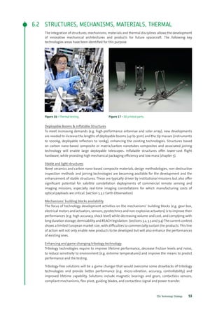 ESA Technology Strategy 53
6.2	 STRUCTURES, MECHANISMS, MATERIALS, THERMAL
The integration of structures, mechanisms, materials and thermal disciplines allows the development
of innovative mechanical architectures and products for future spacecraft. The following key
technologies areas have been identified for this purpose.
Figure 16 - Thermal testing. Figure 17 - 3D printed parts.
Deployable Booms & Inflatable Structures
To meet increasing demands (e.g. high-performance antennae and solar array), new developments
are needed to increase the lengths of deployable booms (up to 30m) and the tip masses (instruments
to 1000kg, deployable reflectors to 100kg), enhancing the existing technologies. Structures based
on carbon nano-based composite or matrix/carbon nanotubes composites and associated joining
technology will enable large deployable telescopes. Inflatable structures offer lower-cost flight
hardware, while providing high mechanical packaging efficiency and low mass (chapter 5).
Stable and light structures
Novel ceramics and carbon nano-based composite materials, design methodologies, non-destructive
inspection methods and joining technologies are becoming available for the development and the
enhancement of stable structures. These are typically driven by institutional missions but also offer
significant potential for satellite constellation deployments of commercial remote sensing and
imaging missions, especially real-time imaging constellations for which manufacturing costs of
optical payloads are critical. (section 5.3.2 Earth Observation)
Mechanisms’ building blocks availability
The focus of technology development activities on the mechanisms’ building blocks (e.g. gear box,
electrical motors and actuators, sensors, pyrotechnics and non-explosive actuators) is to improve their
performances (e.g. high accuracy, shock level) while decreasing volume and cost, and complying with
long duration storage, demisability and REACH legislation. (sections 3.2, 3.3 and 3.4)The current context
shows a limited European market size, with difficulties to commercially sustain the products. This line
of action will not only enable new products to be developed but will also enhance the performances
of existing ones.
Enhancing and game-changing tribology technology
Tribology technologies require to improve lifetime performance, decrease friction levels and noise,
to reduce sensitivity to environment (e.g. extreme temperatures) and improve the means to predict
performance and the testing.
Tribology-free solutions will be a game changer that would overcome some drawbacks of tribology
technologies and provide better performance (e.g. micro-vibration, accuracy, controllability) and
improved lifetime capability. Solutions include magnetic bearings and gears, contactless sensors,
compliant mechanisms, flex-pivot, guiding blades, and contactless signal and power transfer.
 
