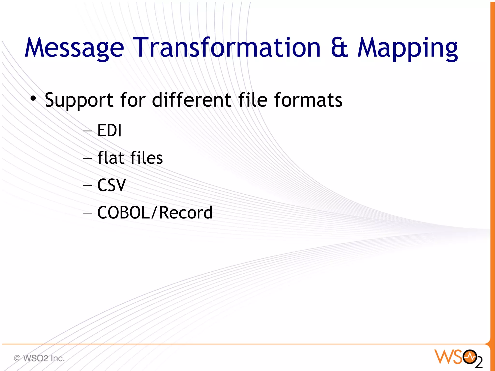 Message Transformation & Mapping

    Support for different file formats
        – EDI
        – flat files
        – CSV
        – COBOL/Record




                                         27
 
