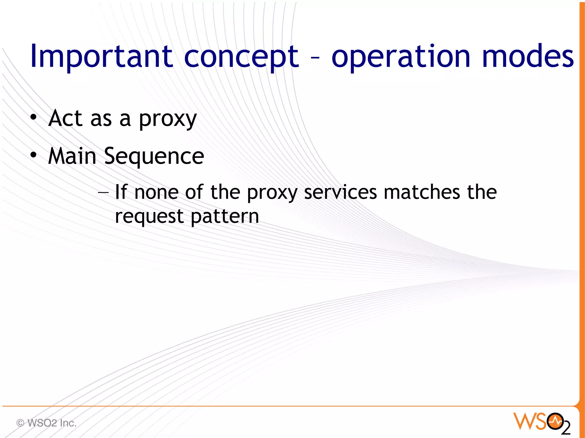 Important concept – operation modes
• Act as a proxy
• Main Sequence
      – If none of the proxy services matches the
        request pattern




                                                    44
 