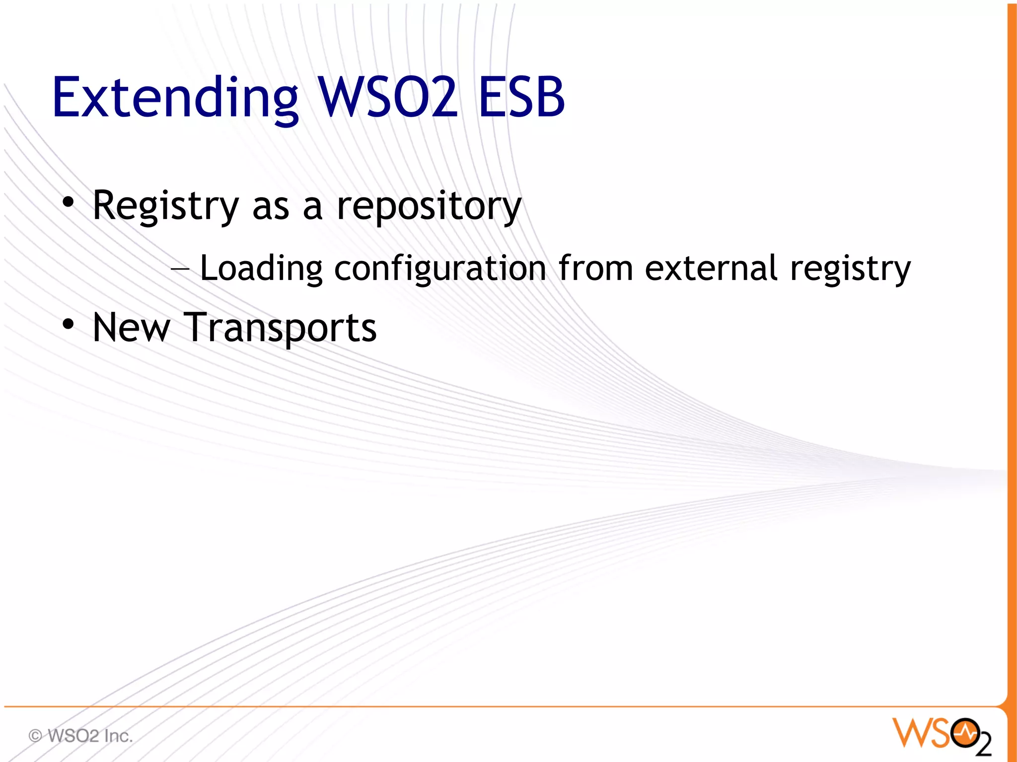 Extending WSO2 ESB

    Registry as a repository
        – Loading configuration from external registry

    New Transports




                                                         50
 