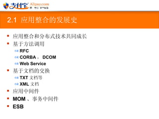2.1  应用整合的发展史 应用整合和分布式技术共同成长 基于方法调用 RFC CORBA ， DCOM Web Service 基于文档的交换 TXT 文档等 XML 文档 应用中间件 MOM 、事务中间件 ESB 