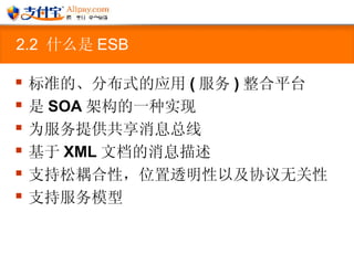 2.2  什么是 ESB 标准的、分布式的应用 ( 服务 ) 整合平台 是 SOA 架构的一种实现 为服务提供共享消息总线 基于 XML 文档的消息描述 支持松耦合性，位置透明性以及协议无关性 支持服务模型   
