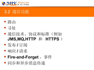 3.2  通信功能 路由 寻址 通信技术、协议和标准（例如  JMS,MQ,HTTP  和  HTTPS ） 发布 / 订阅 响应 / 请求 Fire-and-Forget ，事件 同步和异步消息传递   