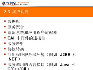 3.3  集成功能 数据库 服务聚合 遗留系统和应用程序适配器 EAI  中间件的连接性 服务映射 协议转换 应用程序服务器环境（例如  J2EE  和  .NET ） 服务调用的语言接口（例如  Java  和  C/C++/C# ）   