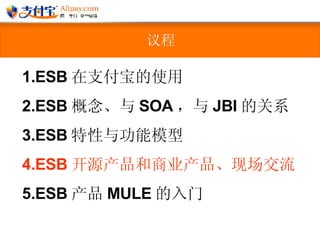 议程 ESB 在支付宝的使用 ESB 概念、与 SOA ，与 JBI 的关系 ESB 特性与功能模型  ESB 开源产品和商业产品、现场交流 ESB 产品 MULE 的入门 
