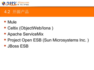 4.2  开源产品 Mule  Celtix (ObjectWeb/Iona ) Apache ServiceMix  Project Open ESB (Sun Microsystems Inc. ) JBoss ESB  