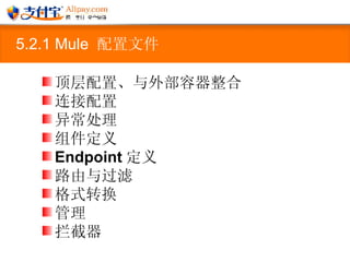 5.2.1 Mule  配置文件 顶层配置、与外部容器整合 连接配置 异常处理 组件定义 Endpoint 定义 路由与过滤 格式转换 管理 拦截器 