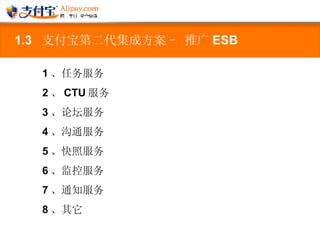 1.3  支付宝第二代集成方案– 推广 ESB 1 、任务服务 2 、 CTU 服务 3 、论坛服务 4 、沟通服务 5 、快照服务 6 、监控服务 7 、通知服务 8 、其它 