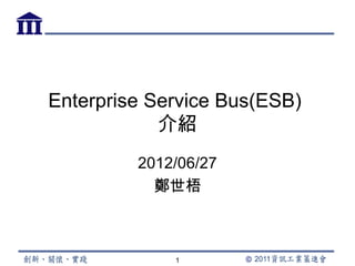 Enterprise Service Bus(ESB)
            介紹
         2012/06/27
           鄭世梧



             1
 